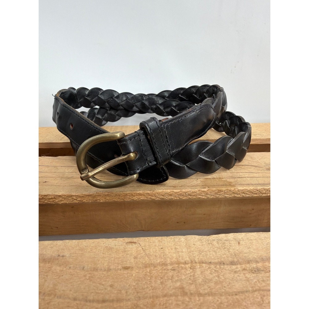 Vintage‎ Black Braided Leather Belt Made in England Brass Buckle Size 40 Woven